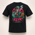 Back view of the black KLYR Apparel After Hours Tee on a ghost mannequin featuring the colorful retro skeleton coffee shop back graphic.