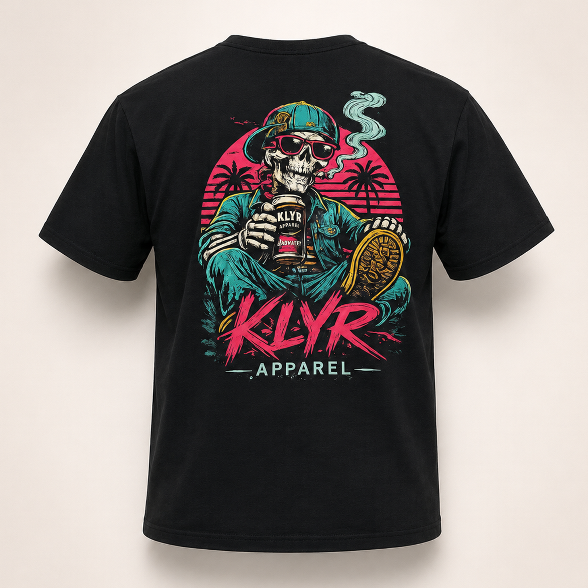 Back view of the black KLYR Apparel After Hours Tee on a ghost mannequin featuring the colorful retro skeleton coffee shop back graphic.