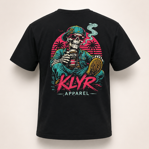 Back view of the black KLYR Apparel After Hours Tee on a ghost mannequin featuring the colorful retro skeleton coffee shop back graphic.