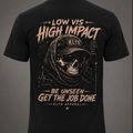 Back ghost mannequin view of the black KLYR Low Vis Tee featuring the large tactical skull graphic with the slogan "Be Unseen. Get the Job Done."