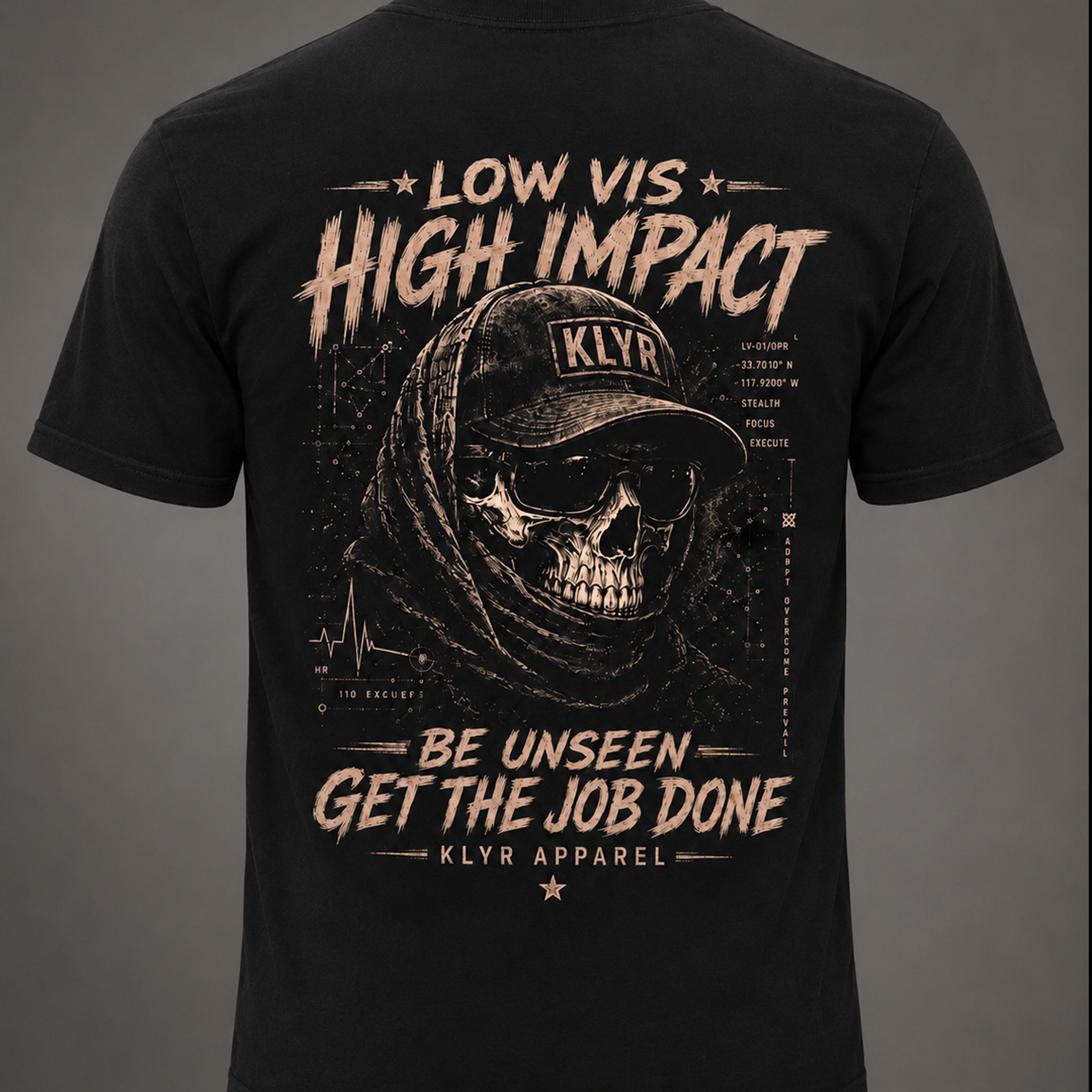 Back ghost mannequin view of the black KLYR Low Vis Tee featuring the large tactical skull graphic with the slogan "Be Unseen. Get the Job Done."
