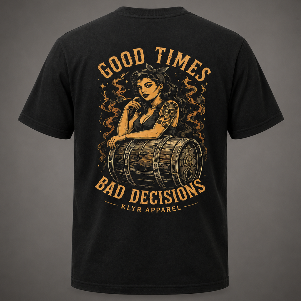 Back ghost mannequin view of the black KLYR Good Times Bad Decisions Tee featuring the large vintage pin-up and whiskey barrel graphic.