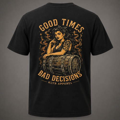 Back ghost mannequin view of the black KLYR Good Times Bad Decisions Tee featuring the large vintage pin-up and whiskey barrel graphic.