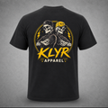 Back view of the black KLYR Homies Tee featuring two skeleton characters and a distressed yellow KLYR graphic.