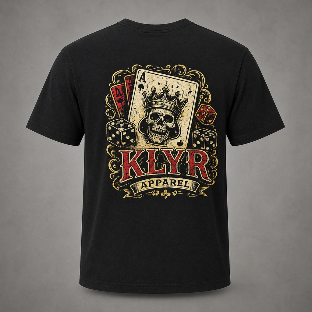 Back ghost mannequin view of the black KLYR Aces Tee featuring the skull king playing card graphic with vintage casino artwork.