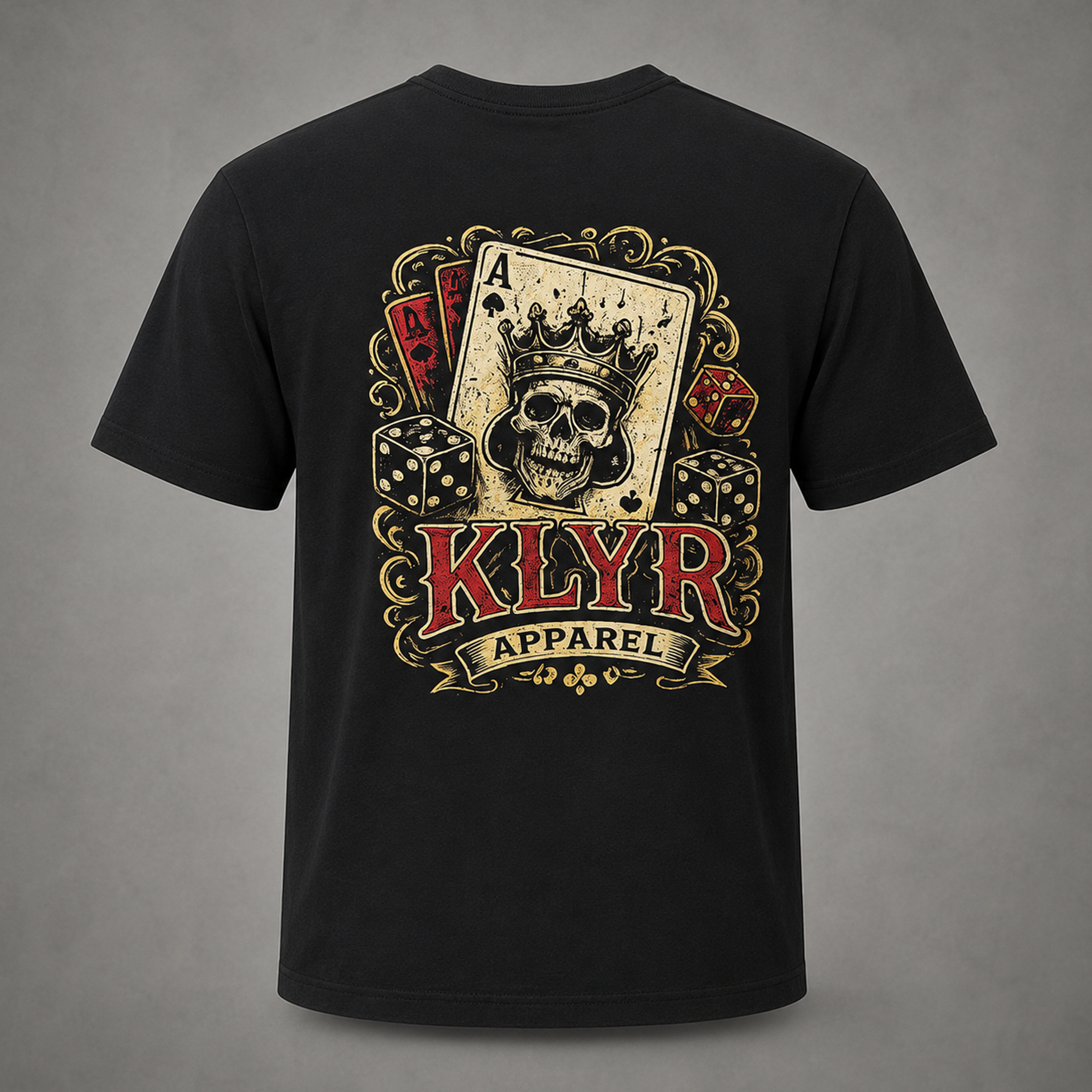 Back ghost mannequin view of the black KLYR Aces Tee featuring the skull king playing card graphic with vintage casino artwork.