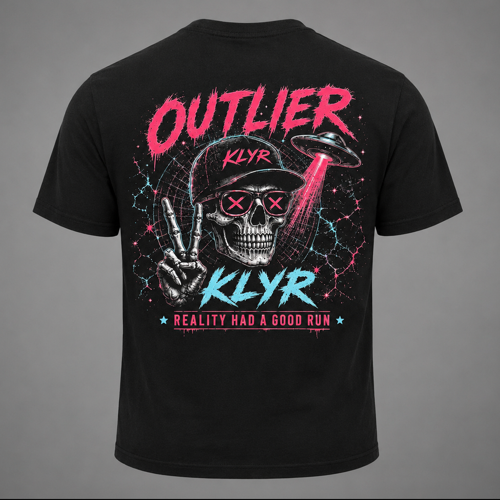 Back ghost mannequin view of the black KLYR Reality Had a Good Run Tee featuring a neon skull, UFO, and retro synthwave-inspired graphic.