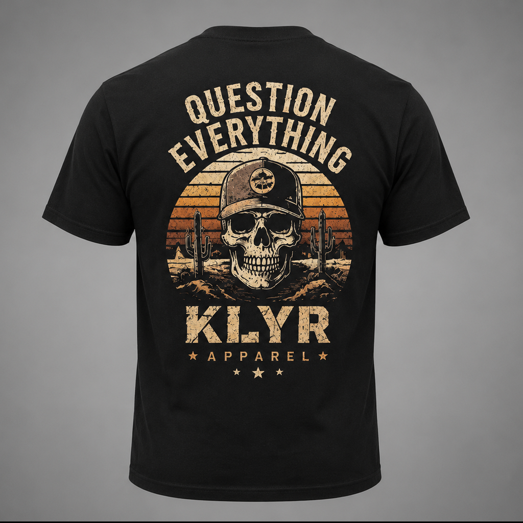 Back ghost mannequin view of the black KLYR Question Everything Tee featuring a skull wearing a hat with a desert sunset graphic and "Question Everything" design.