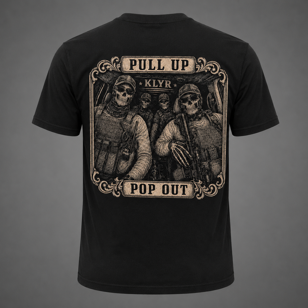 Back ghost mannequin view of the black KLYR Pull Up Pop Out Tee featuring the large vintage tactical team back graphic with distressed artwork.