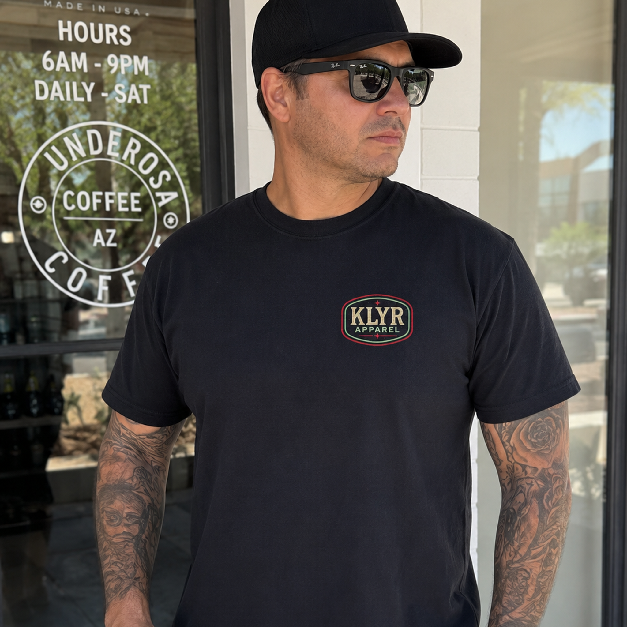 Front lifestyle view of the black KLYR Apparel After Hours Tee featuring the vintage KLYR Apparel chest logo.