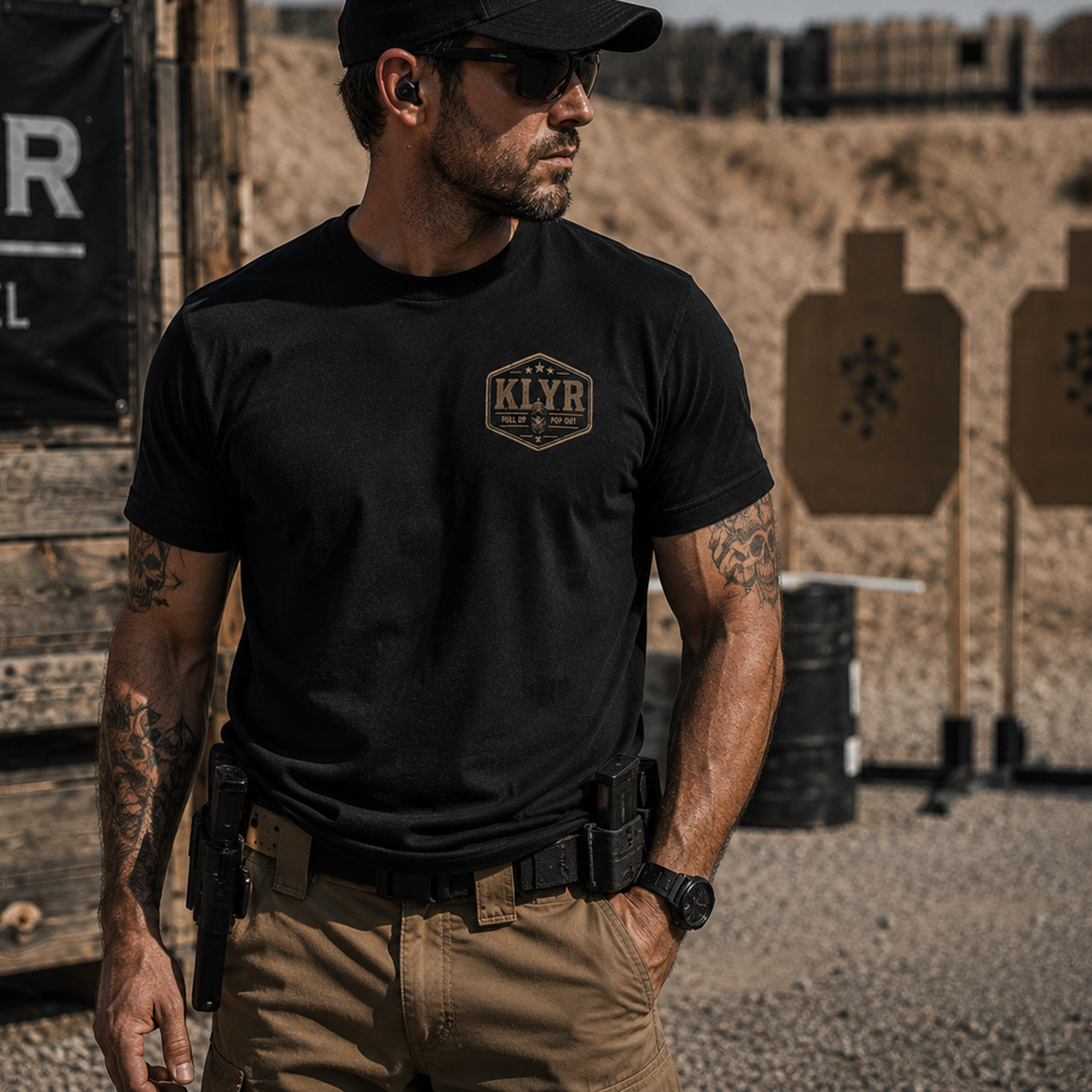 Front lifestyle view of the black KLYR Pull Up Pop Out Tee featuring the vintage tactical chest logo at an outdoor shooting range.