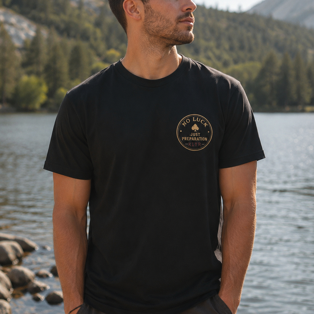 Front lifestyle view of the black KLYR Aces Tee featuring the No Luck Just Preparation chest logo beside a mountain lake.