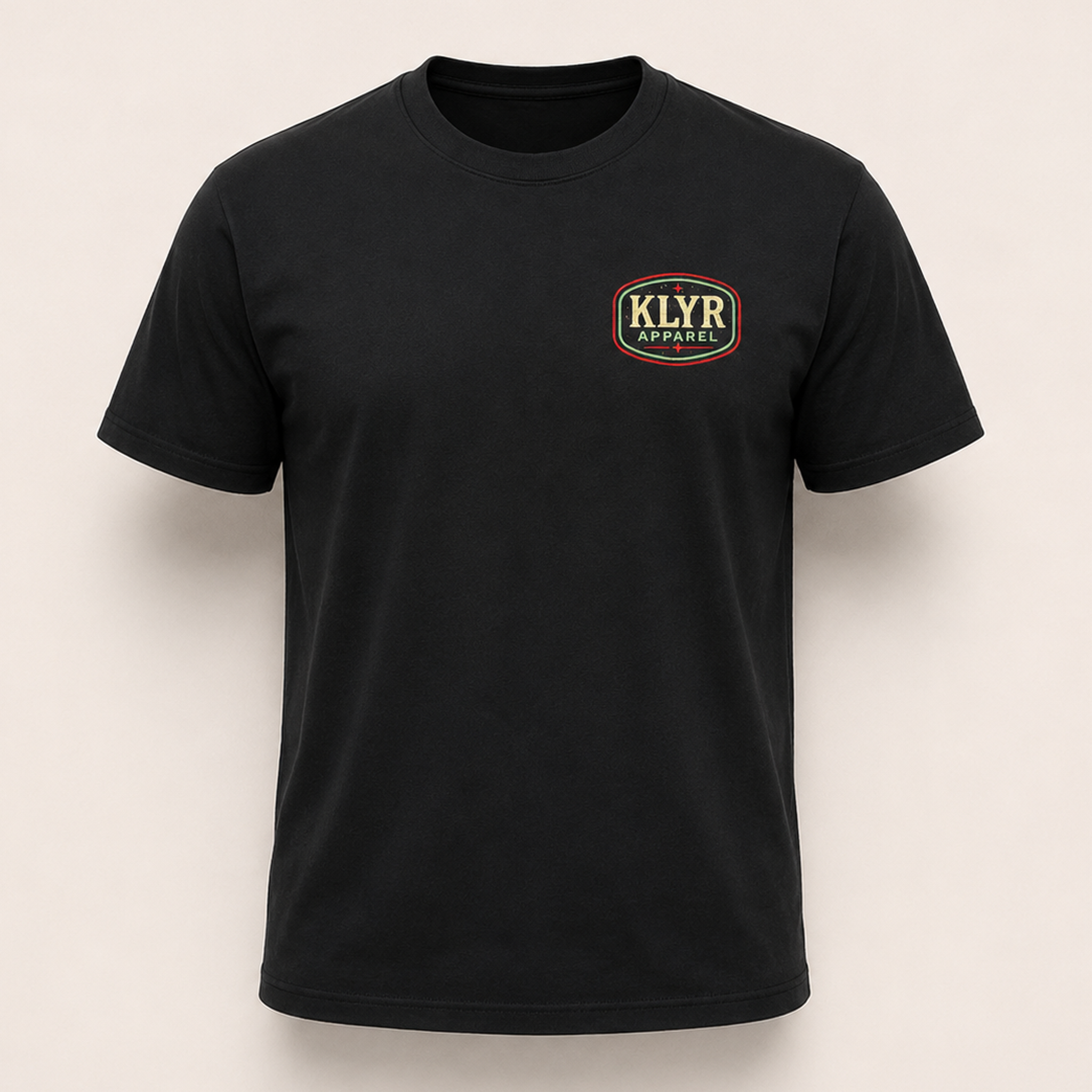 Front ghost mannequin view of the black KLYR Apparel After Hours Tee with the vintage KLYR Apparel chest logo.