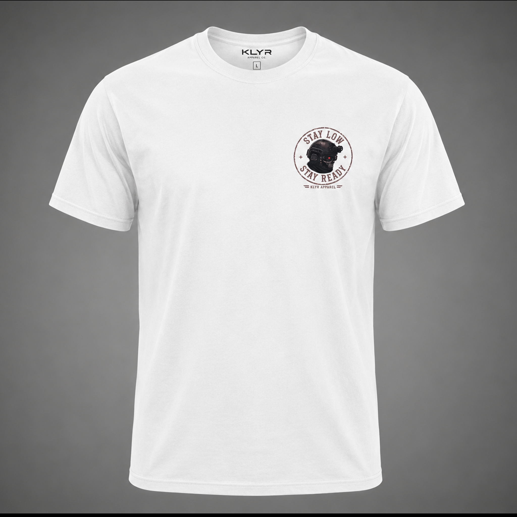 Front ghost mannequin view of the white KLYR Stay Low Stay Ready Tee with the tactical helmet chest logo.