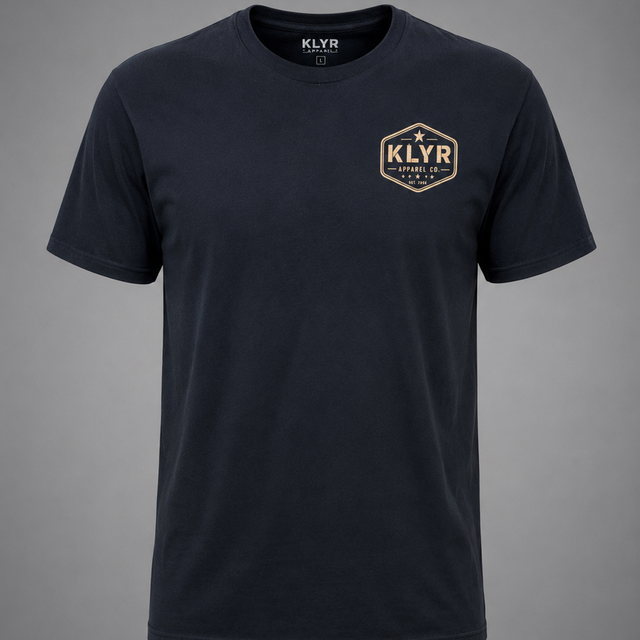 Front ghost mannequin view of the black KLYR Question Everything Tee with the vintage KLYR Apparel Co. chest logo.