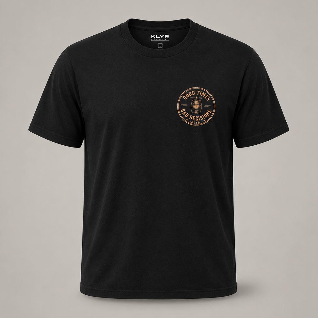 Front ghost mannequin view of the black KLYR Good Times Bad Decisions Tee with the vintage whiskey barrel chest logo.