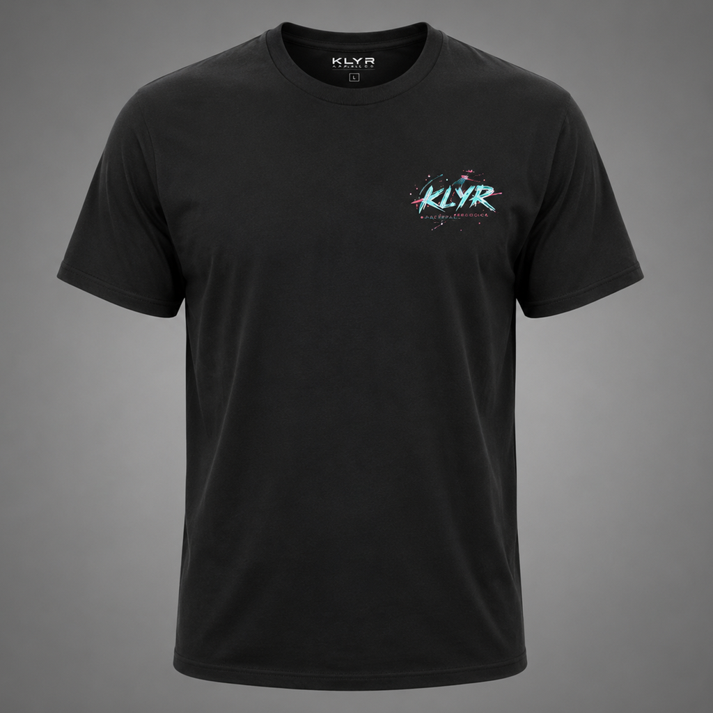 Front ghost mannequin view of the black KLYR Reality Had a Good Run Tee featuring a retro neon chest logo inspired by 80s synthwave style.