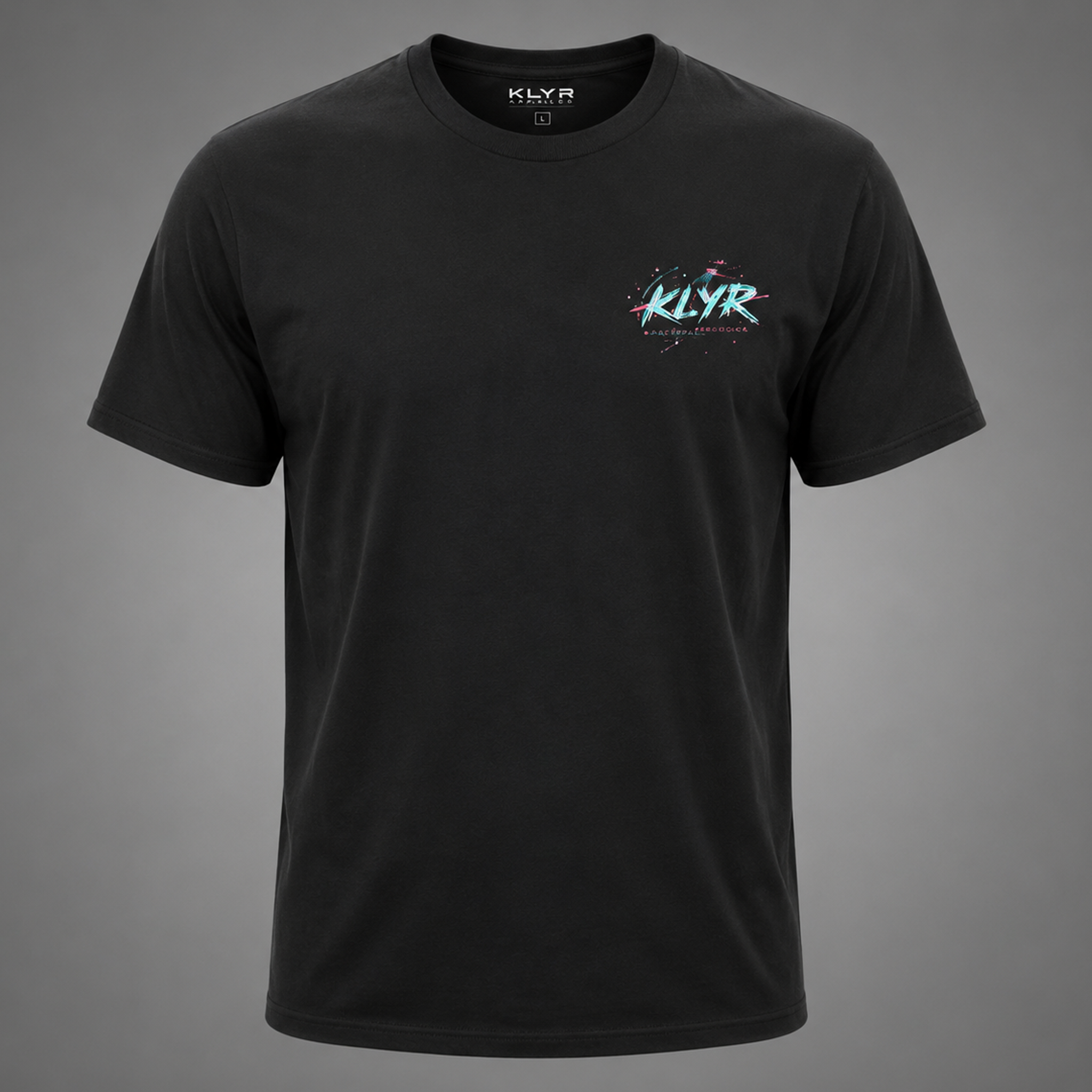 Front ghost mannequin view of the black KLYR Reality Had a Good Run Tee featuring a retro neon chest logo inspired by 80s synthwave style.