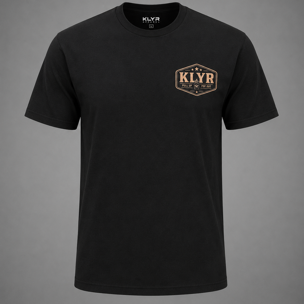 Front ghost mannequin view of the black KLYR Pull Up Pop Out Tee with the Pull Up Pop Out vintage tactical chest logo.
