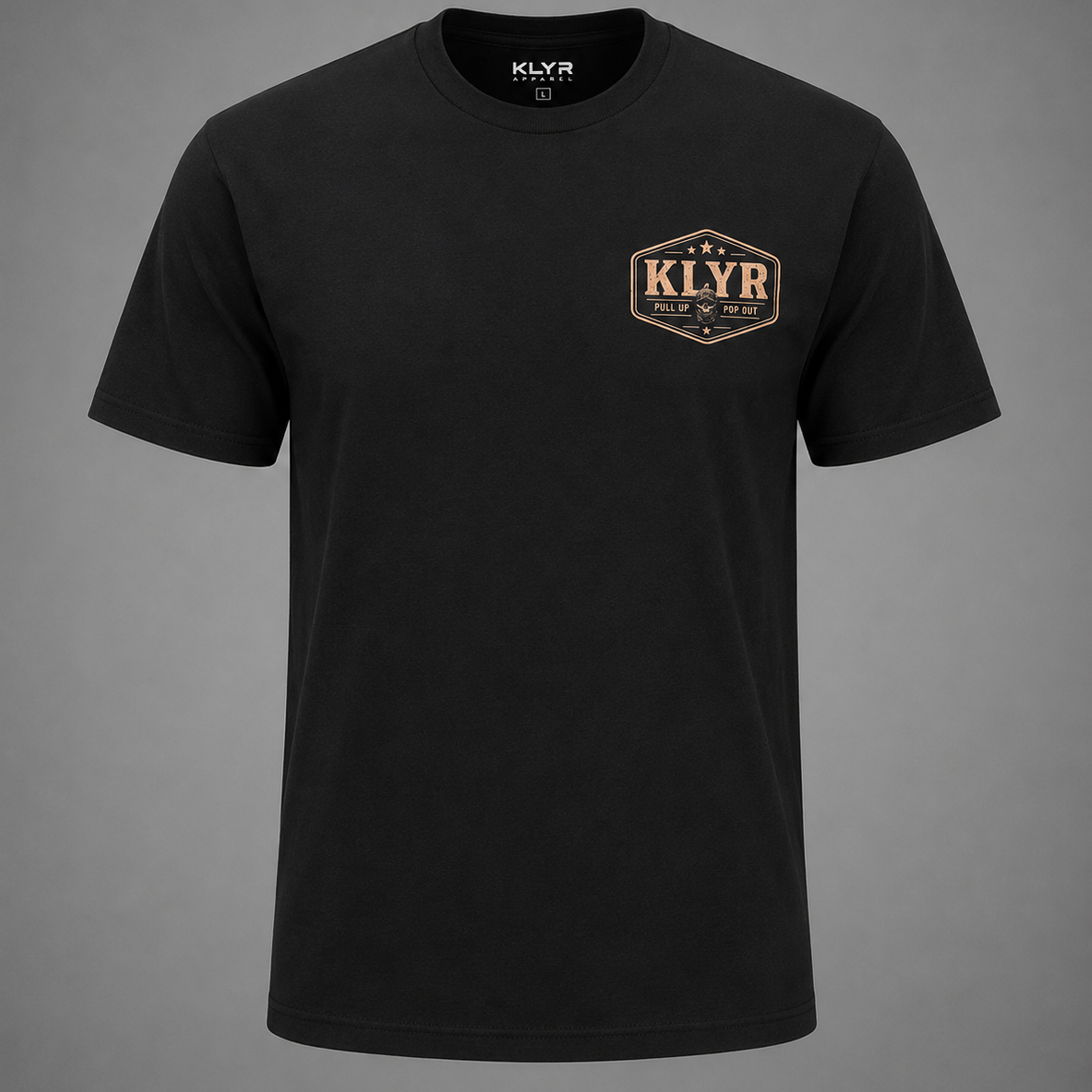 Front ghost mannequin view of the black KLYR Pull Up Pop Out Tee with the Pull Up Pop Out vintage tactical chest logo.