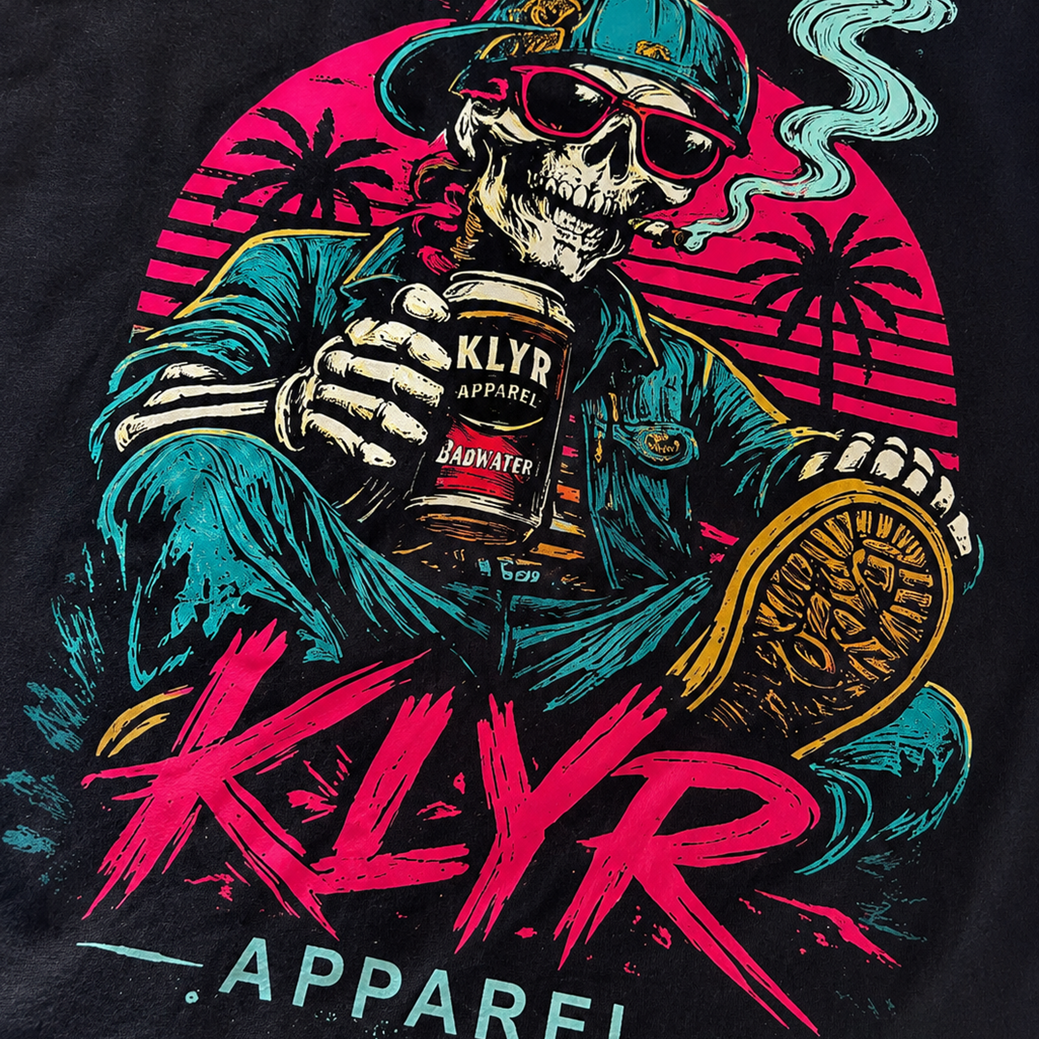 Close-up of the After Hours Tee back graphic featuring a retro skeleton holding coffee with vibrant sunset colors and palm trees.