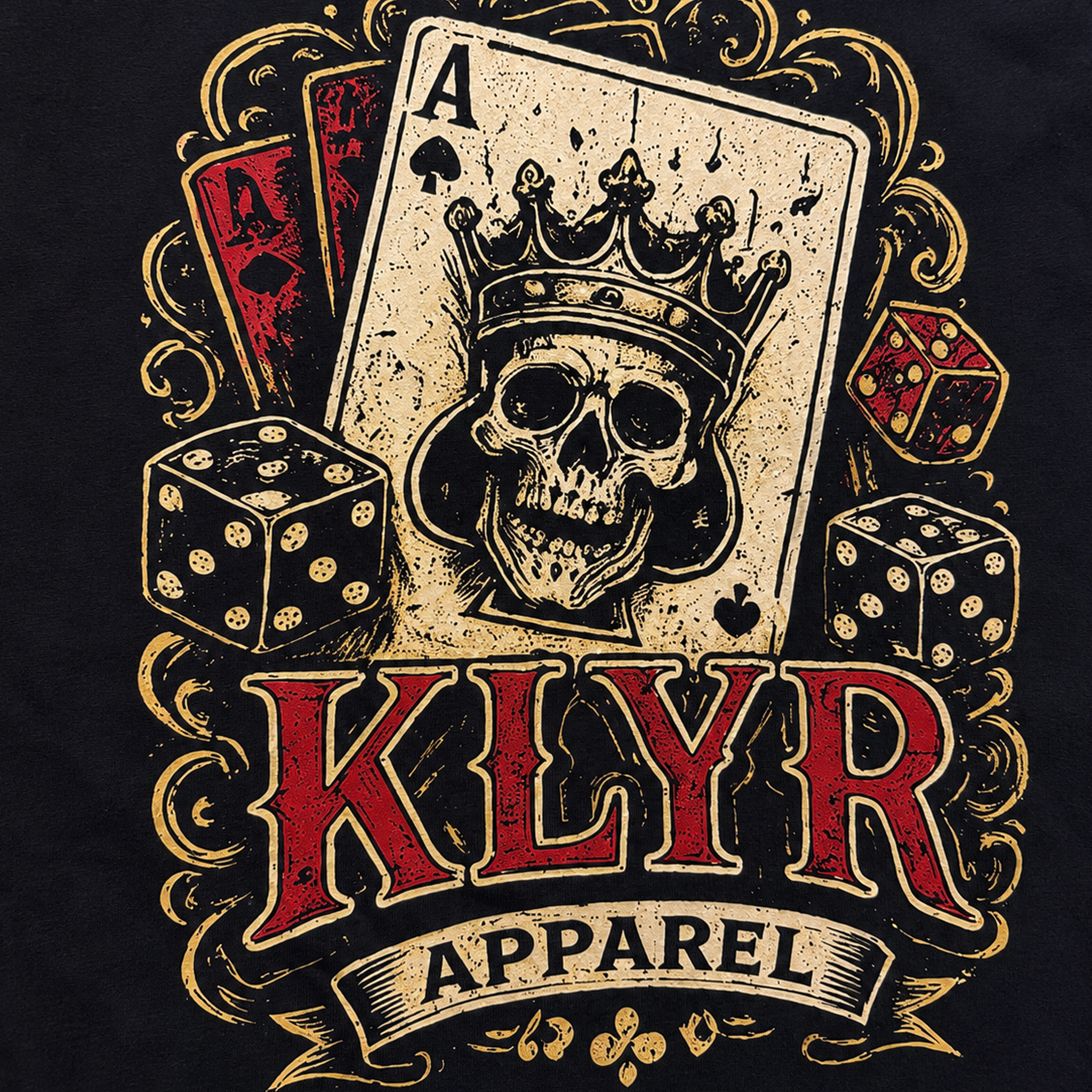 Close-up of the KLYR Aces Tee back graphic featuring a skull king playing card, dice, and vintage casino-inspired artwork.