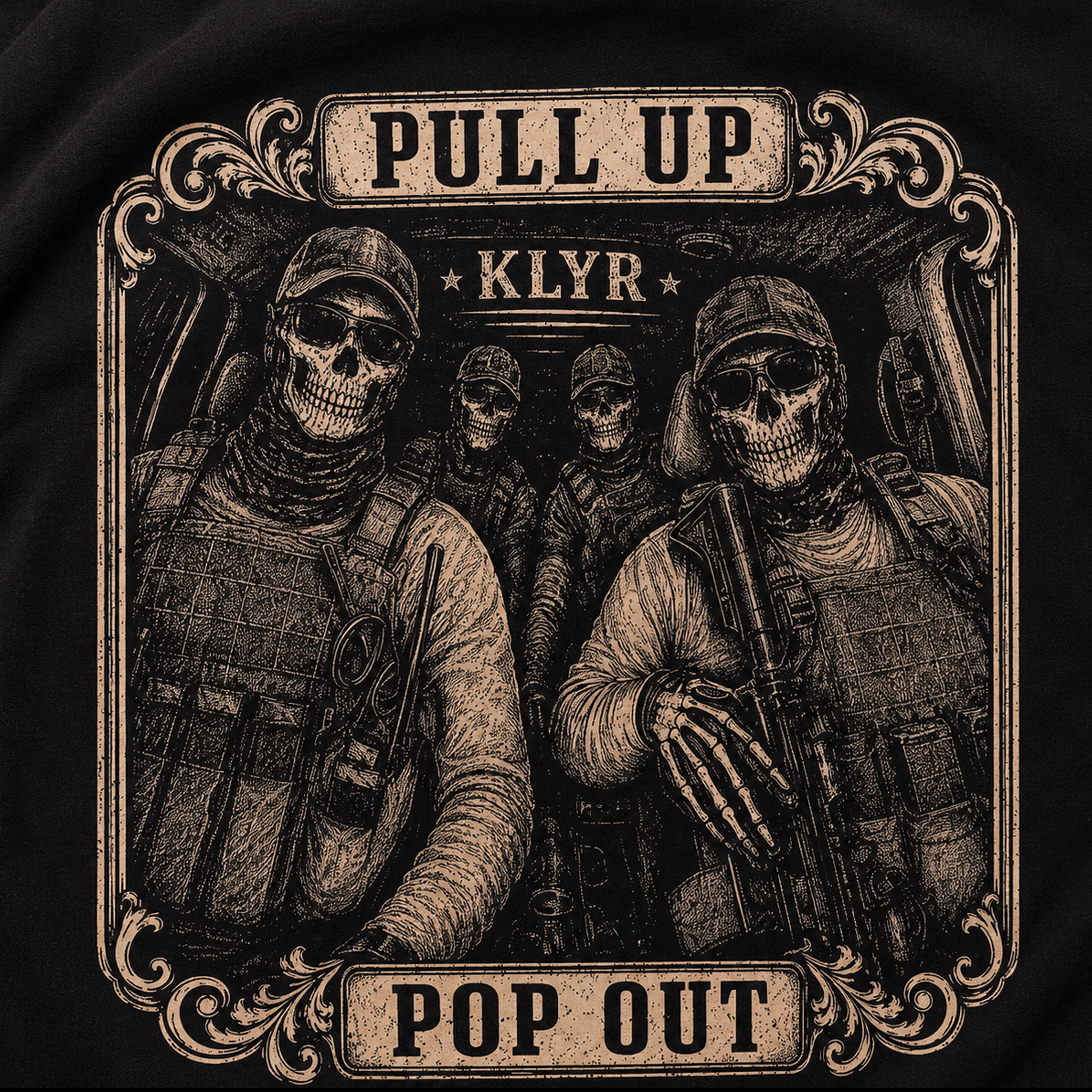 Front ghost mannequin view of the black KLYR Pull Up Pop Out Tee with the Pull Up Pop Out vintage tactical chest logo.
