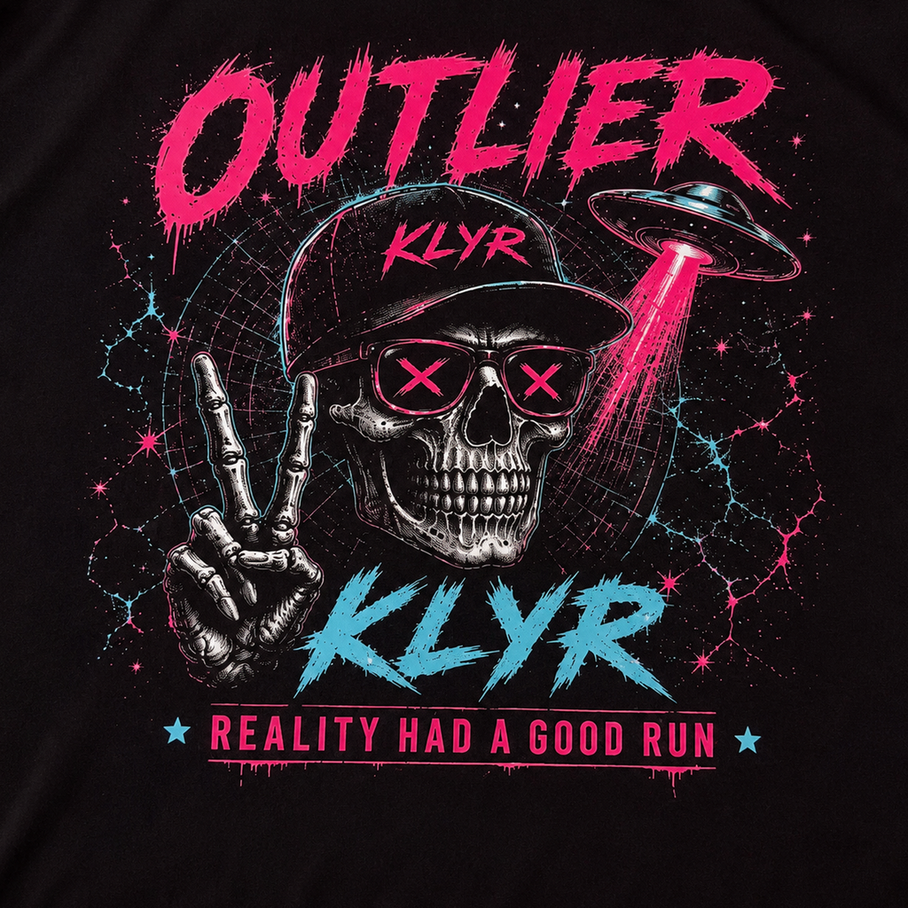 Close-up of the Reality Had a Good Run Tee back graphic featuring a skull with peace sign, UFO, and the slogan "Reality Had a Good Run."
