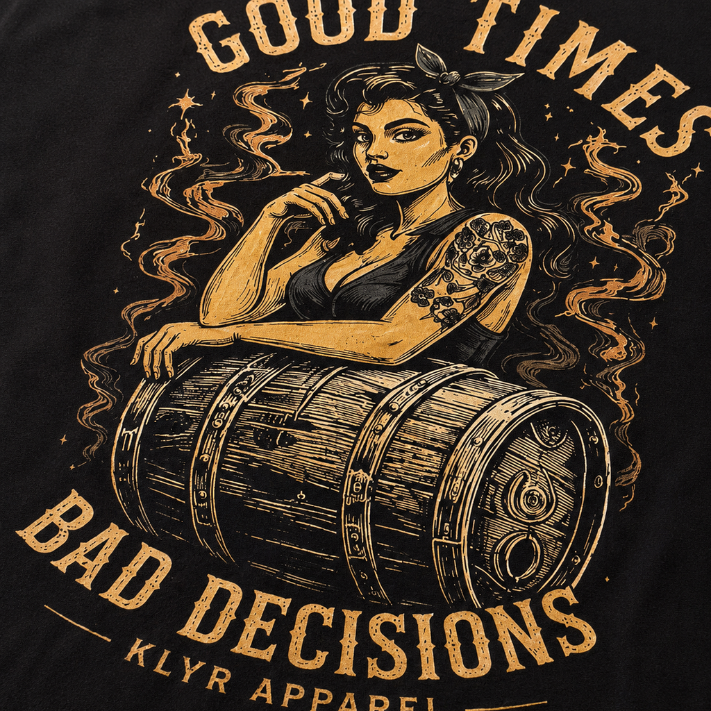 Close-up of the Good Times Bad Decisions back graphic featuring a vintage pin-up woman leaning on a whiskey barrel with distressed retro artwork.