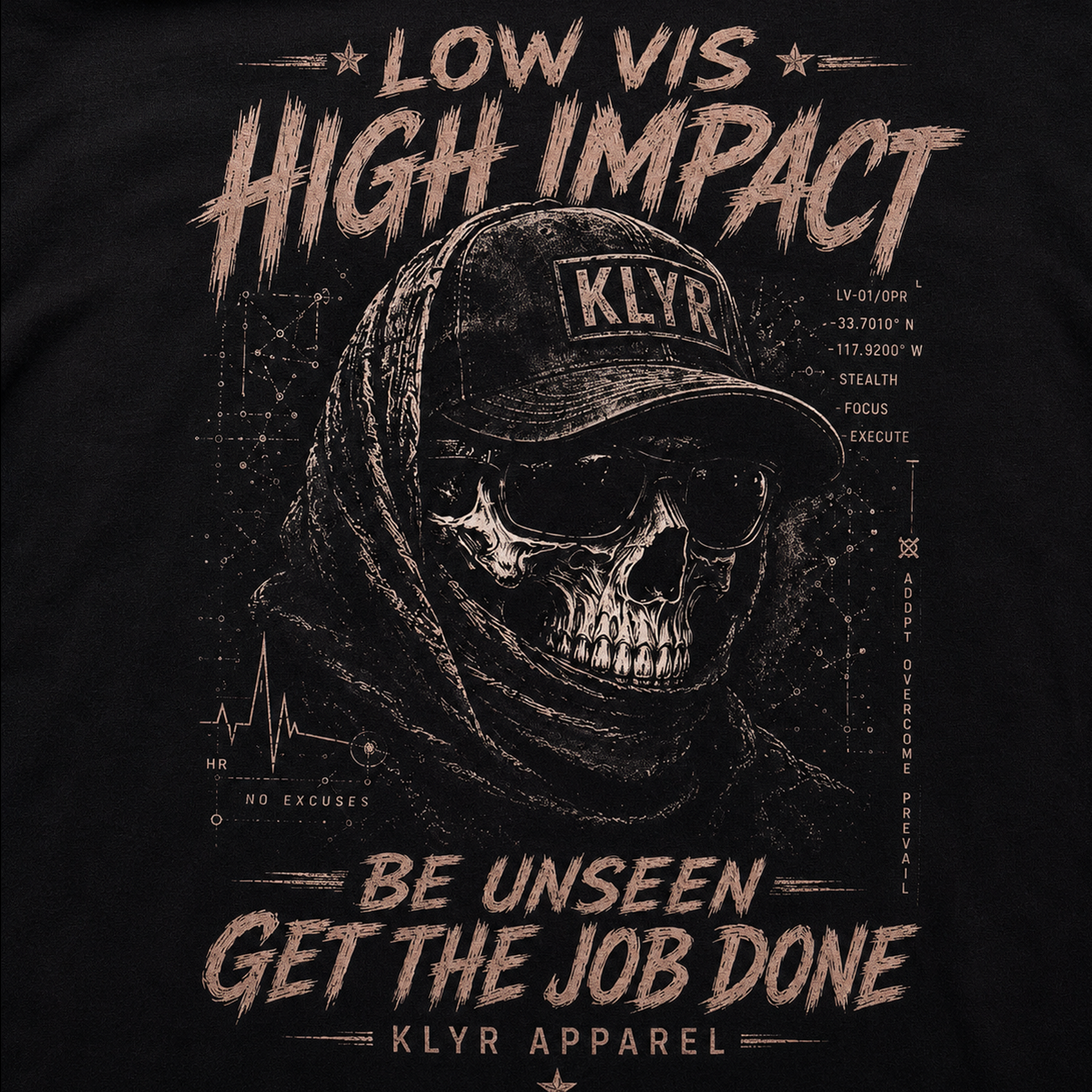 Close-up of the Low Vis Tee back graphic featuring a tactical skull wearing a KLYR hat with the slogan "Be Unseen. Get the Job Done."
