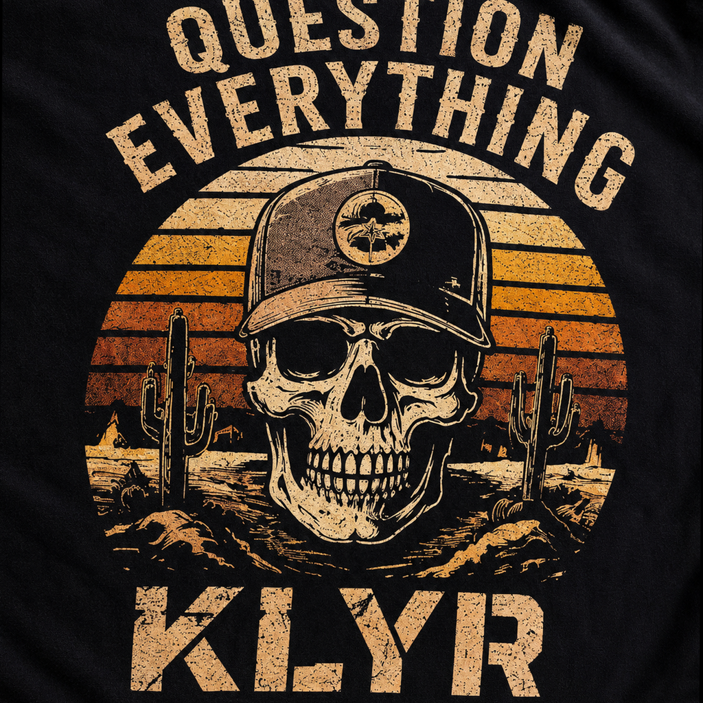 Close-up of the KLYR Question Everything Tee back graphic featuring a skull, desert sunset, cacti, and "Question Everything" artwork.