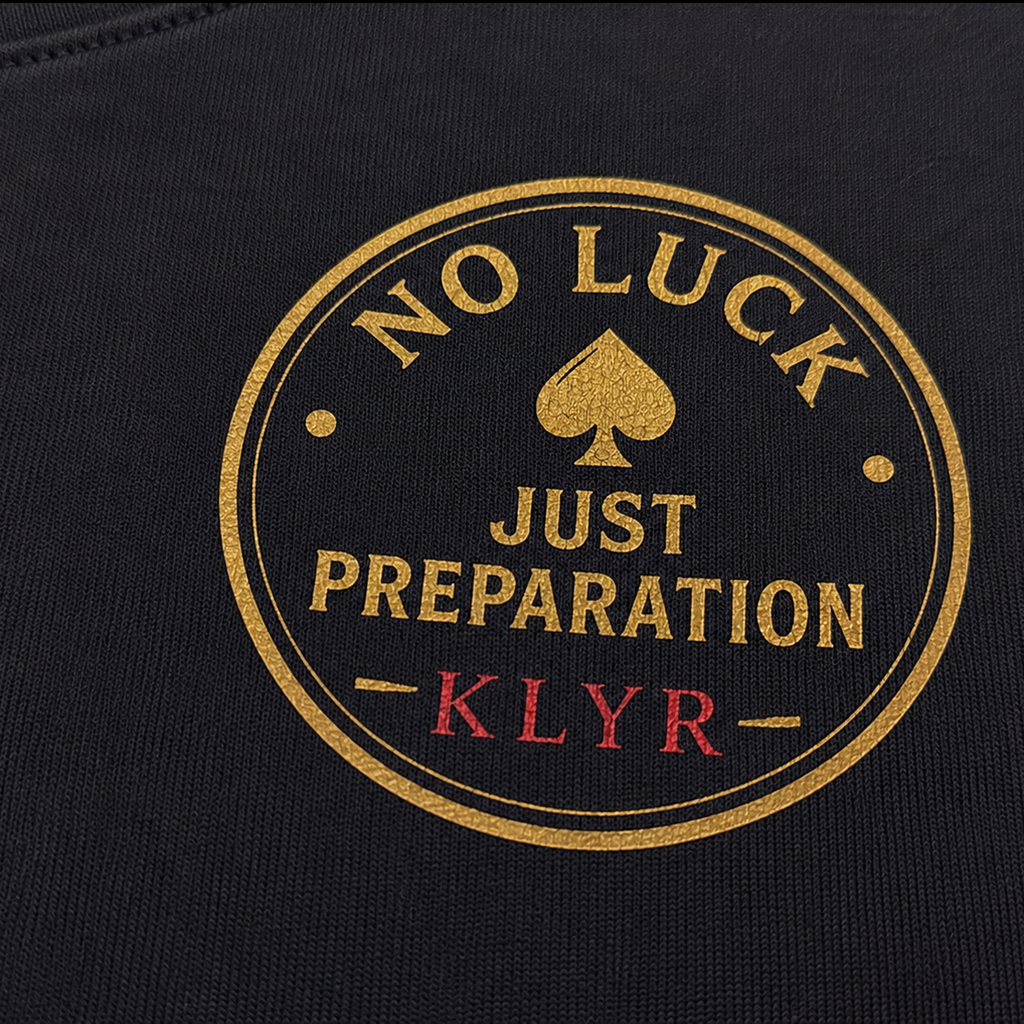 Detailed close-up of the No Luck Just Preparation chest logo printed on the black KLYR Aces Tee.
