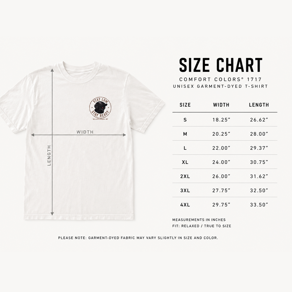 Size chart for the KLYR Stay Low Stay Ready Tee printed on the Comfort Colors 1717 garment-dyed t-shirt.