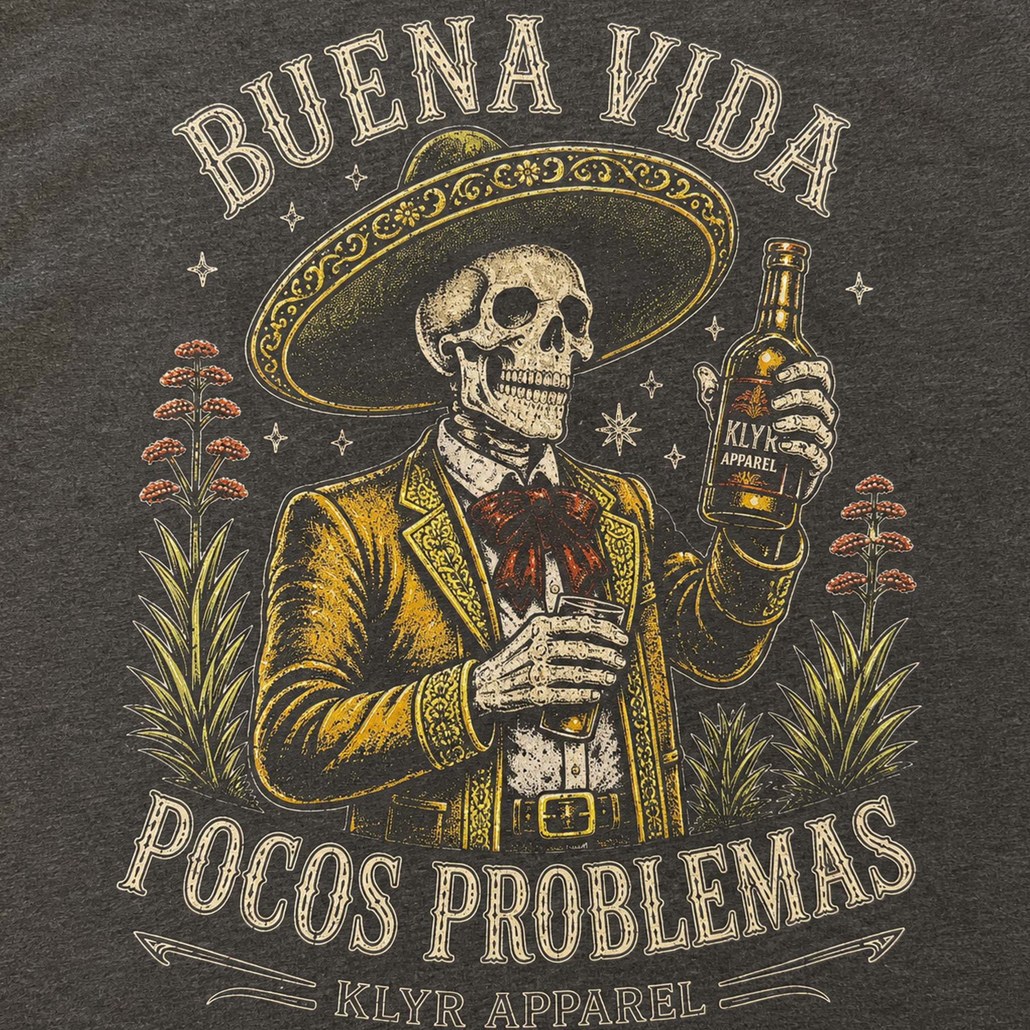 Close-up of the muted Buena Vida Pocos Problemas artwork used on the Heather Heavy Metal tee.