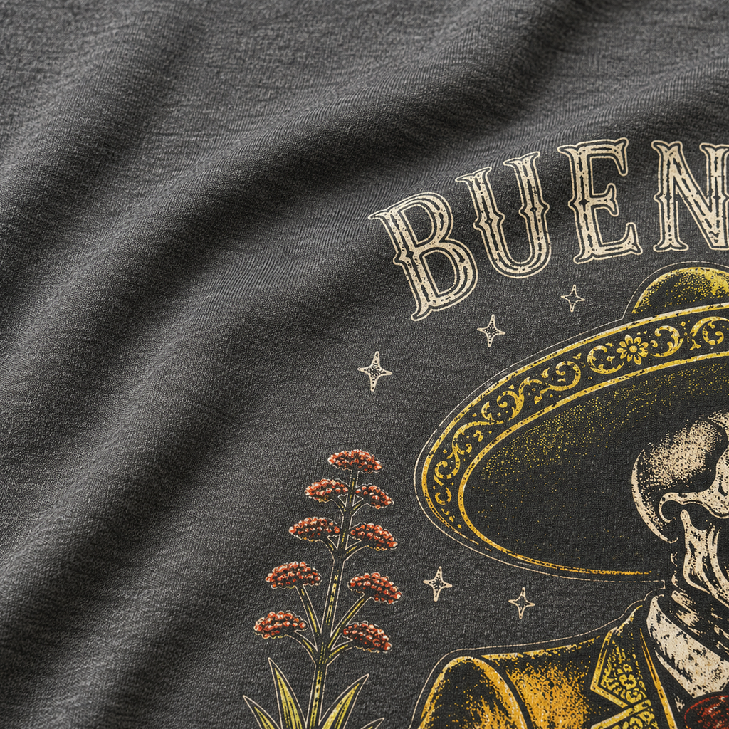 Close-up of the distressed print and heathered fabric on the Heather Heavy Metal Buena Vida Social Club Tee.