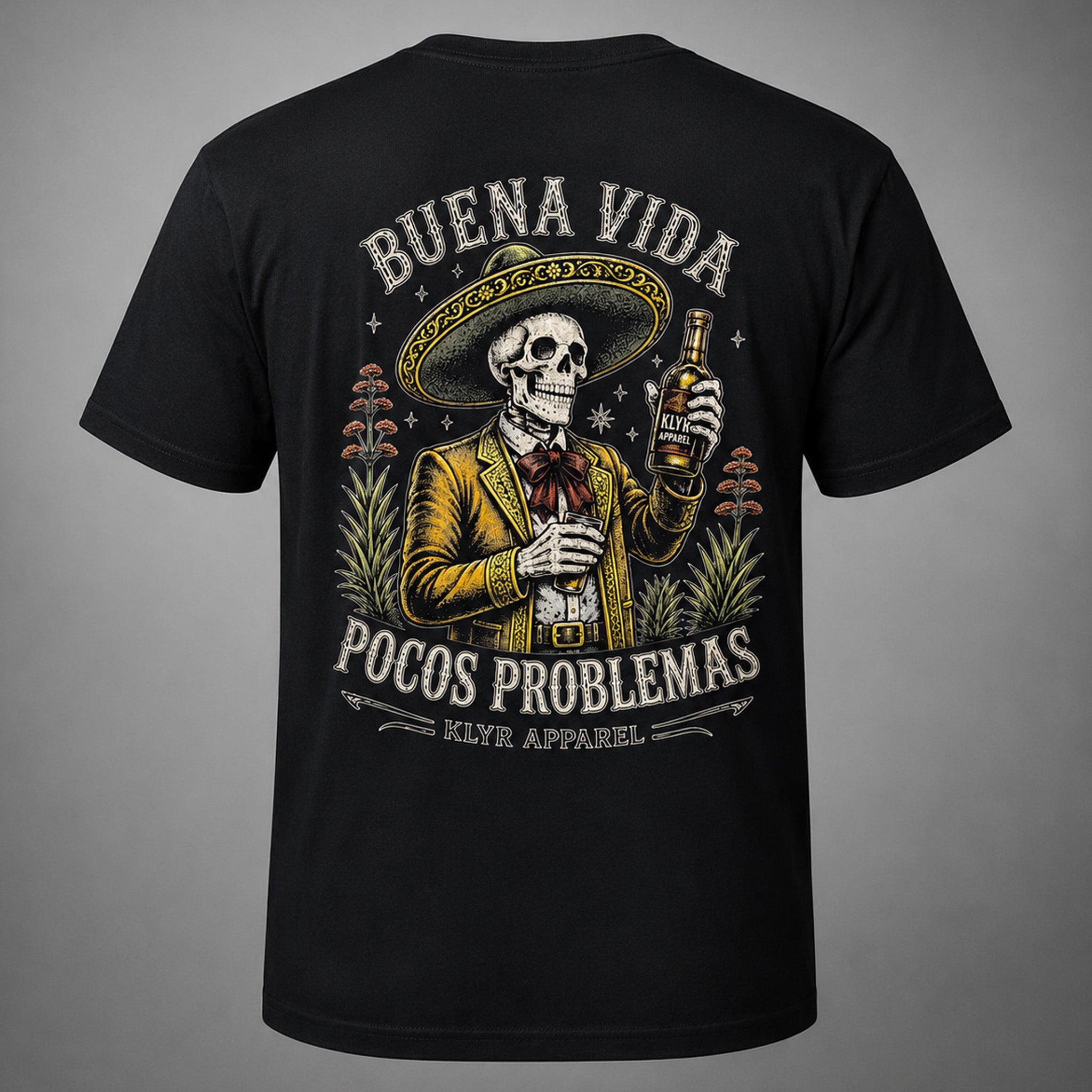 Back view of the black KLYR Buena Vida Social Club Tee featuring the full-color Pocos Problemas graphic.
