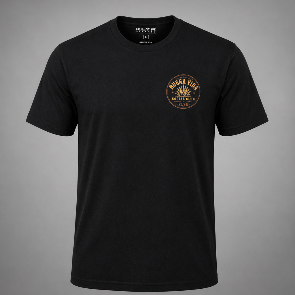 Front view of the black Buena Vida Social Club Tee featuring the orange KLYR chest logo.