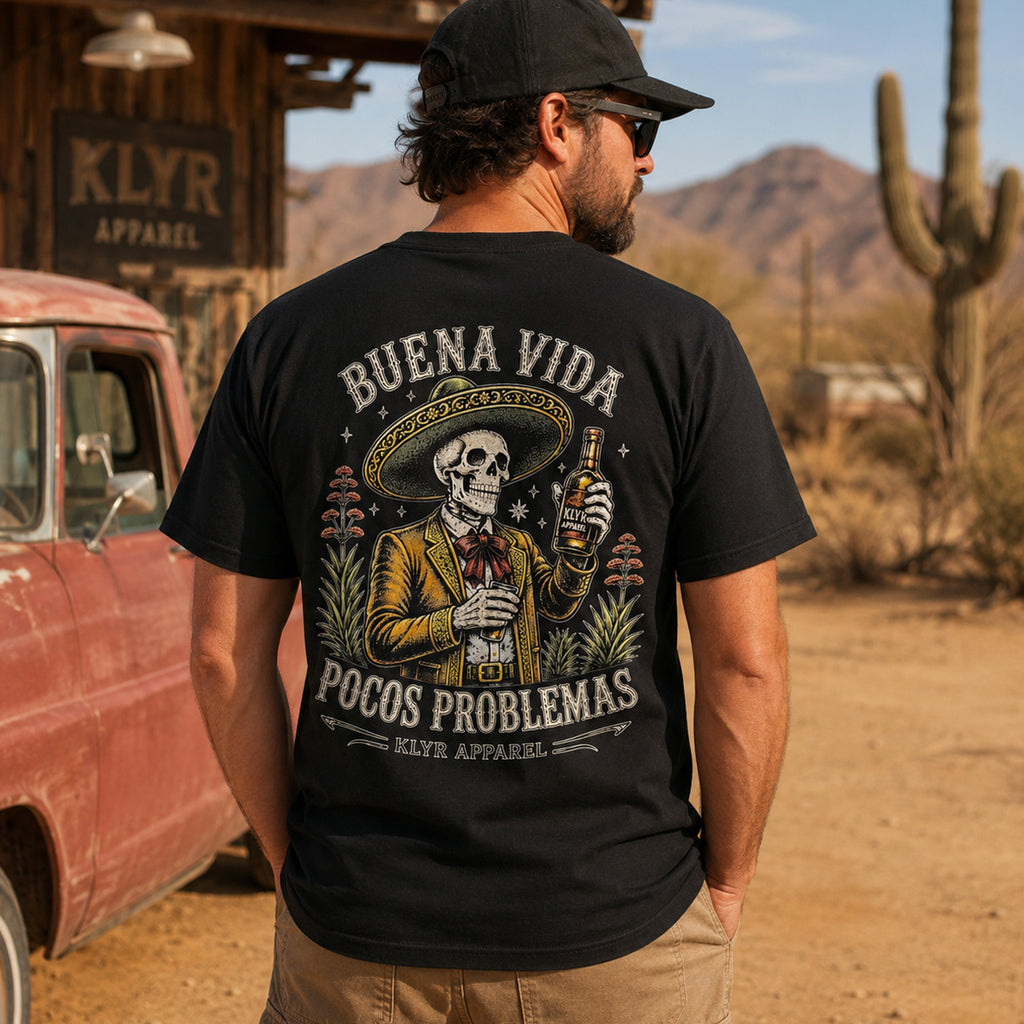 Person wearing the black Buena Vida Social Club Tee with the full-color back graphic visible.