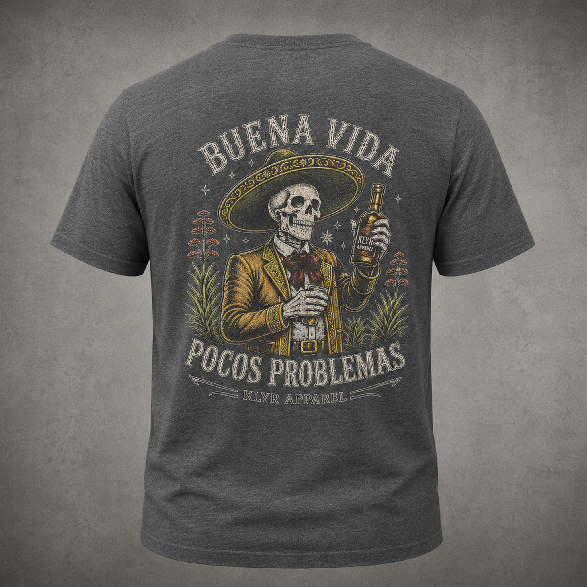 Back view of the Heather Heavy Metal Buena Vida Social Club Tee featuring the Pocos Problemas graphic.