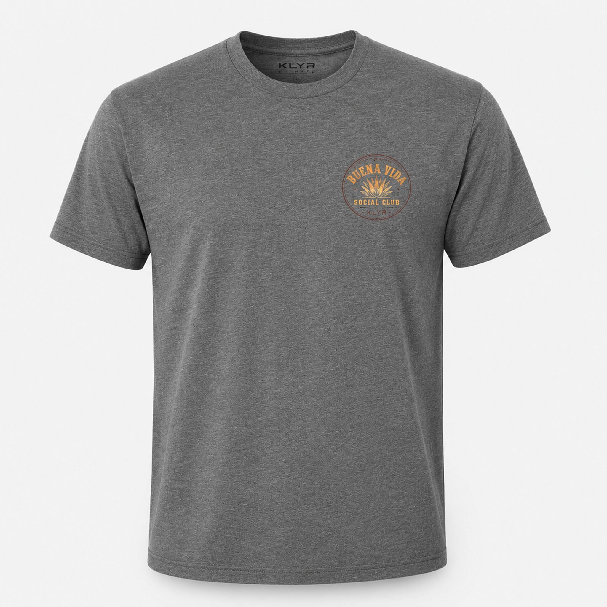 Front view of the Heather Heavy Metal Buena Vida Social Club Tee featuring the orange KLYR chest logo.