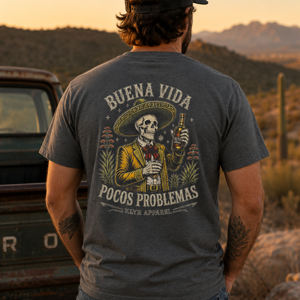 Person wearing the Heather Heavy Metal Buena Vida Social Club Tee with the back graphic visible.