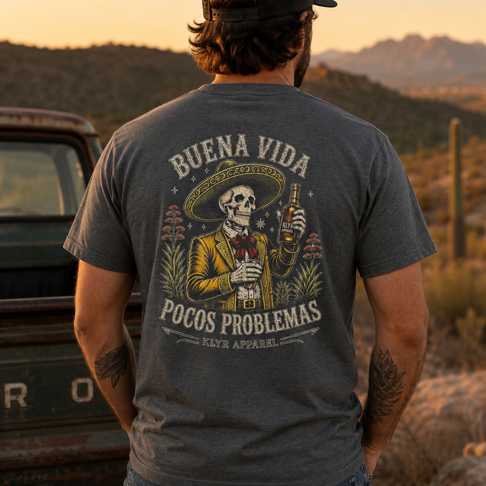 Person wearing the Heather Heavy Metal Buena Vida Social Club Tee with the back graphic visible.