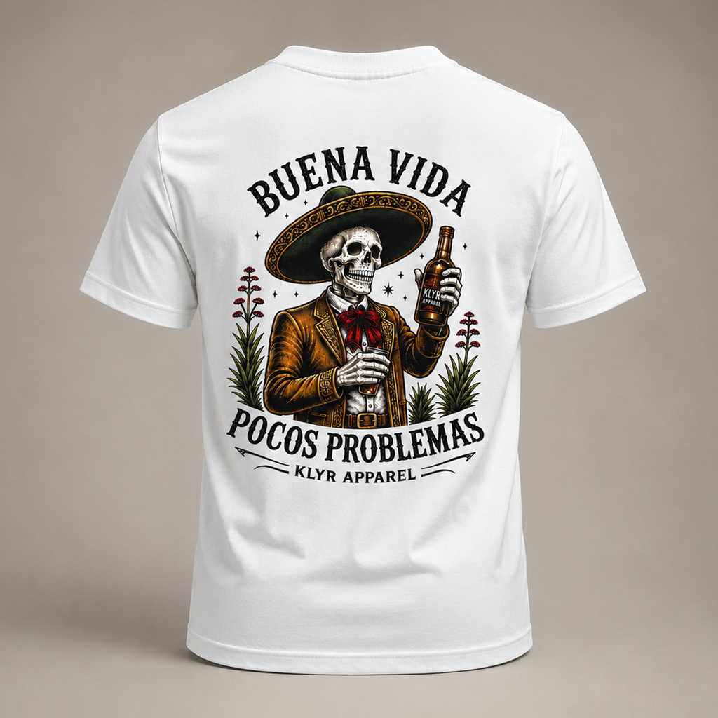 Back view of the white KLYR Buena Vida Social Club Tee featuring the Pocos Problemas graphic.