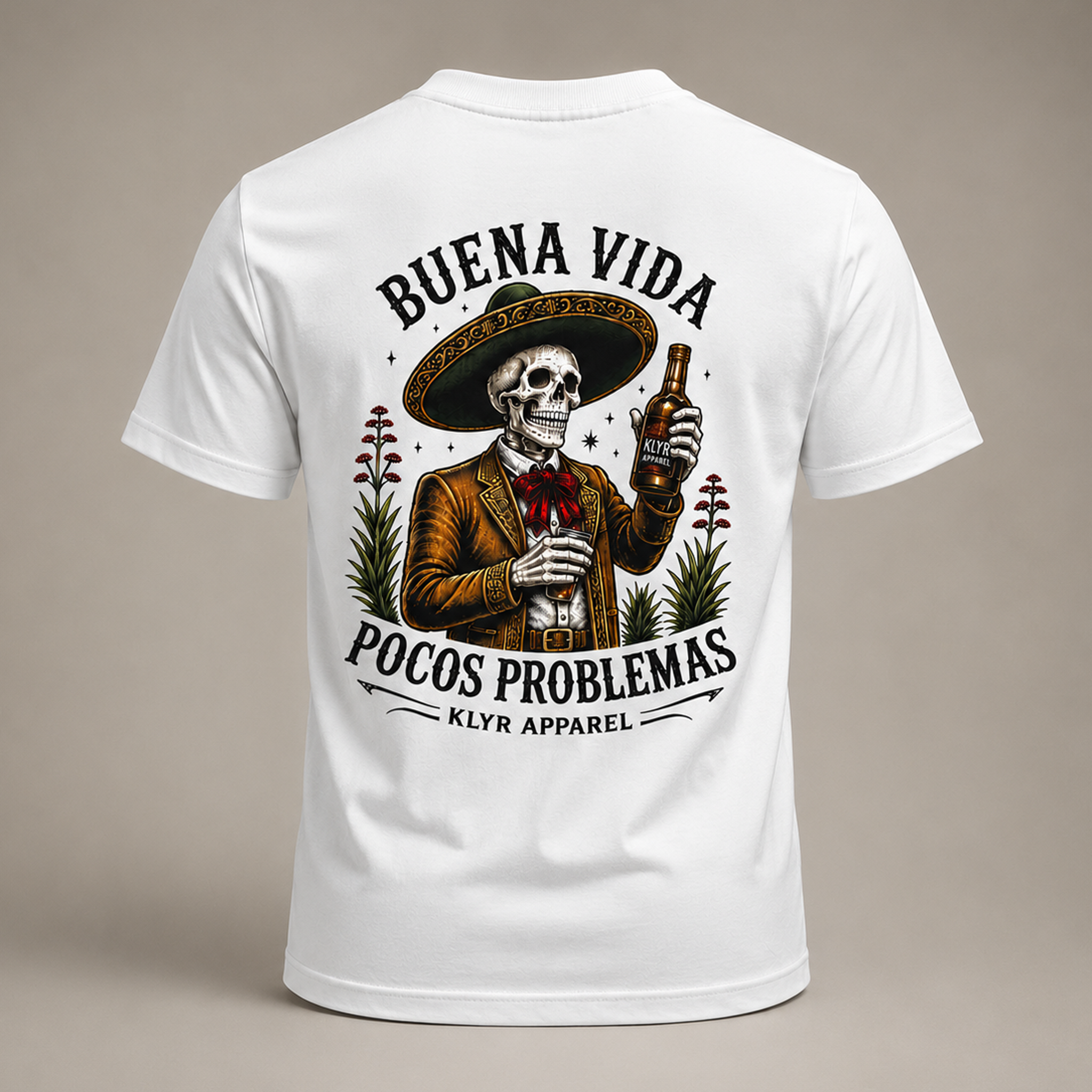 Back view of the white KLYR Buena Vida Social Club Tee featuring the Pocos Problemas graphic.