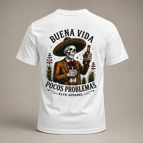 Back view of the white KLYR Buena Vida Social Club Tee featuring the Pocos Problemas graphic.