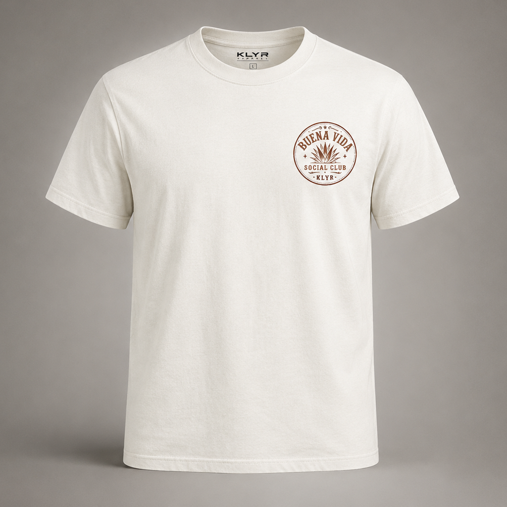 Front view of the white Buena Vida Social Club Tee featuring the circular KLYR chest logo.
