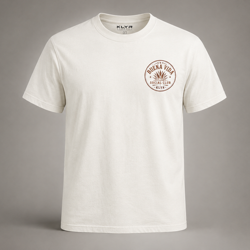 Front view of the white Buena Vida Social Club Tee featuring the circular KLYR chest logo.