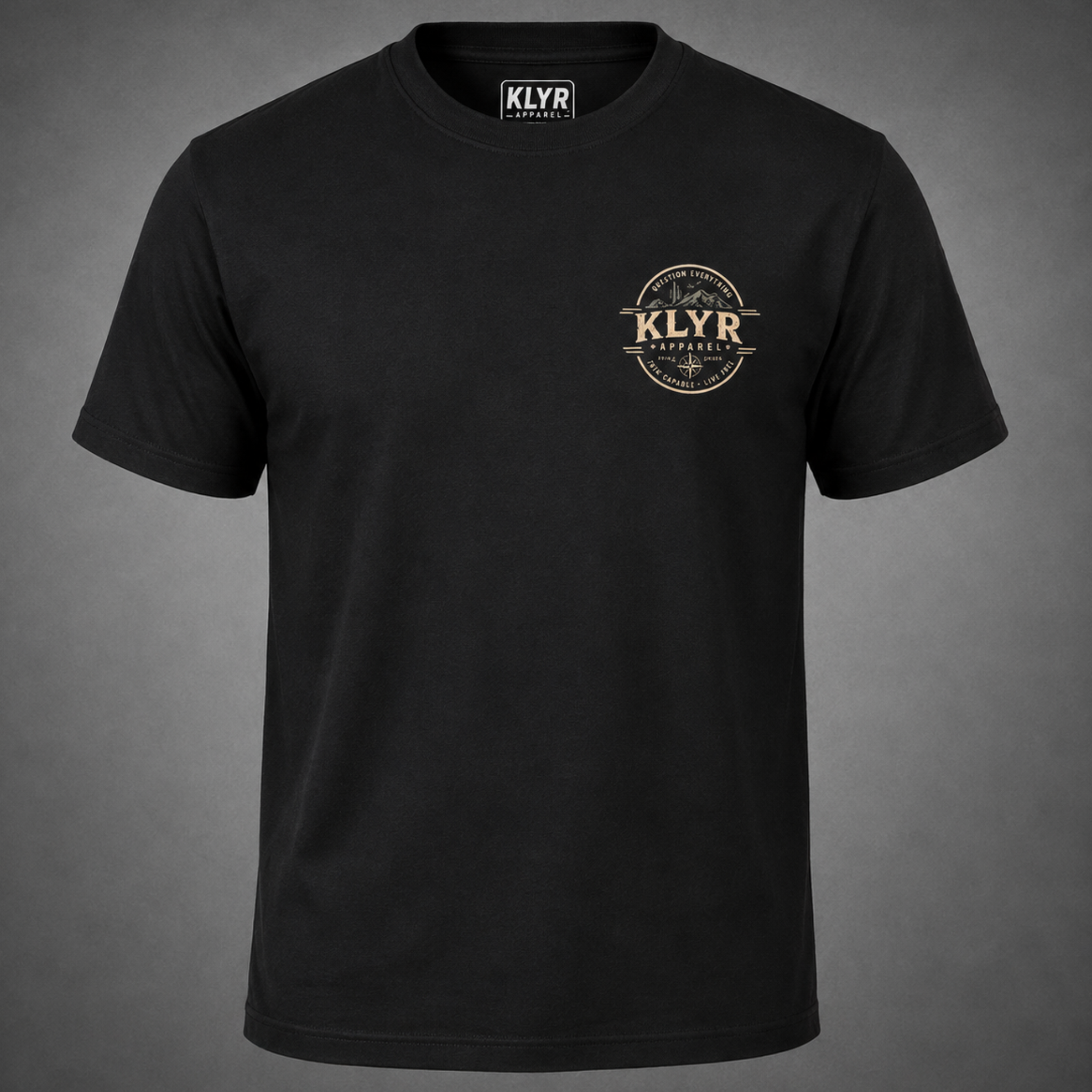 Front view of the black Freedom Is Not Negotiable Tee featuring a desert-inspired KLYR Apparel chest badge.