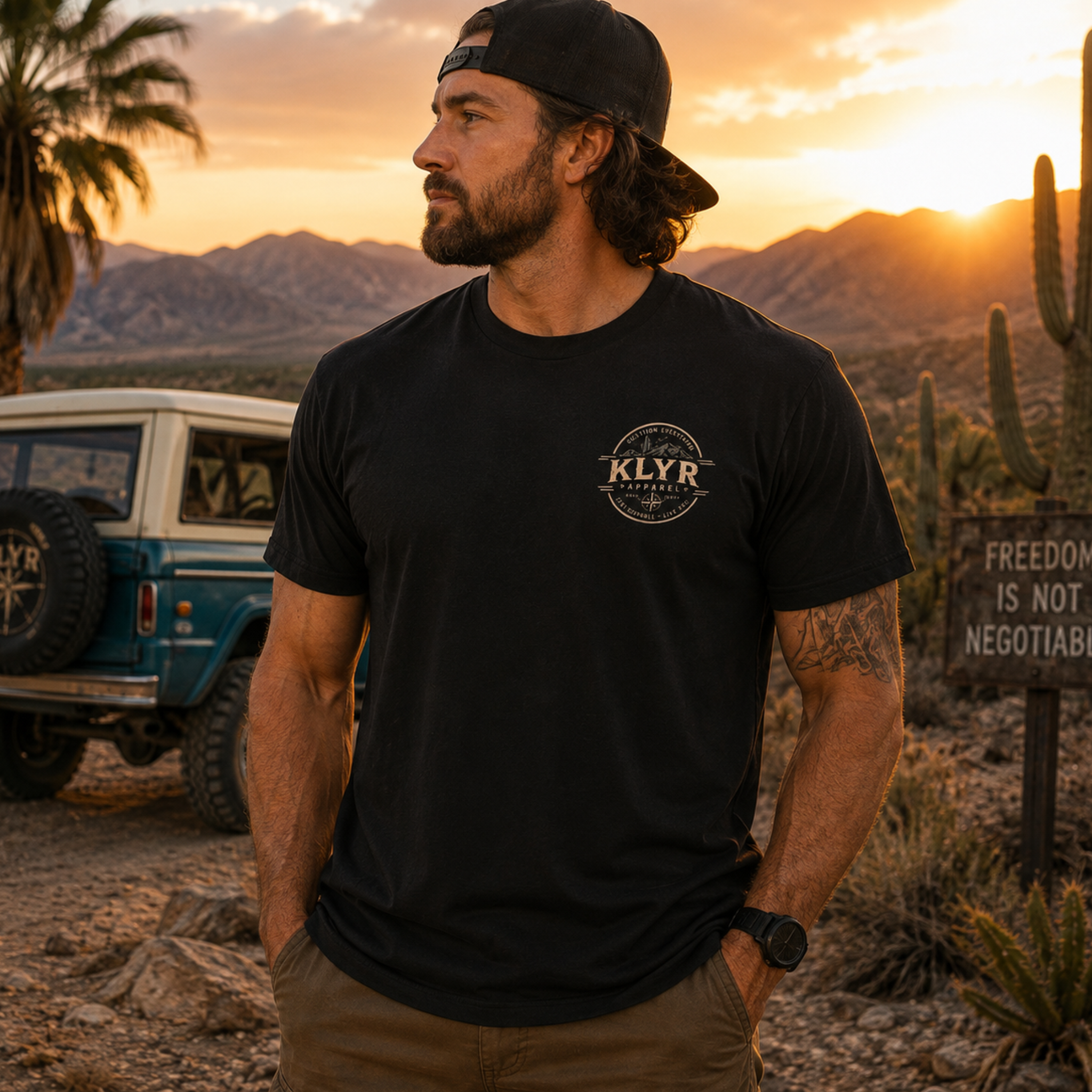 Person wearing the black Freedom Is Not Negotiable Tee with the KLYR desert chest badge visible.