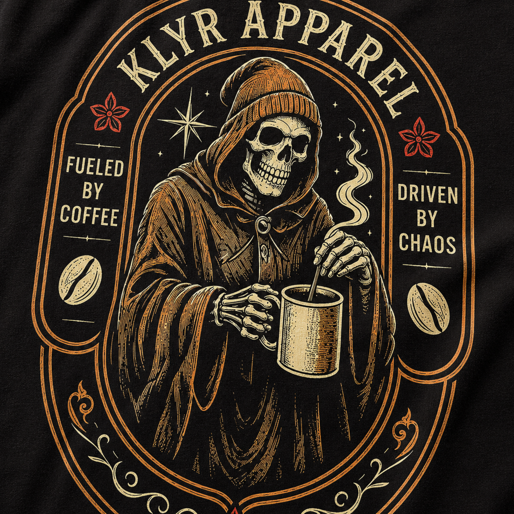 Close-up of the hooded skeleton, coffee mug, and Driven by Chaos artwork on the Fueled by Coffee Tee.